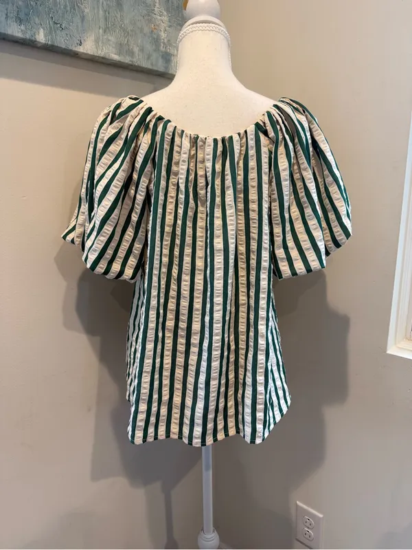 Umgee Green and White Striped Puff Sleeve Peasant Top - Image 2