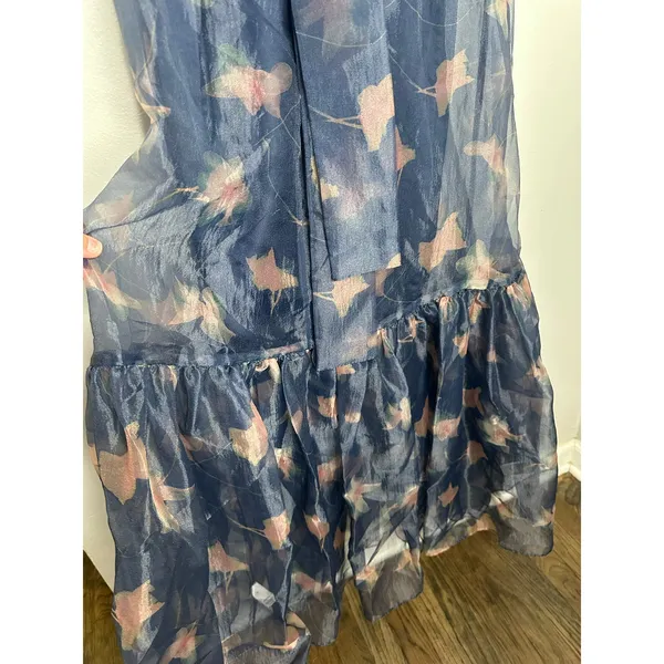 STAUD Botanical Navy Calluna Organza Mesh High Neckline Tie Back Gown size Small - Image 10