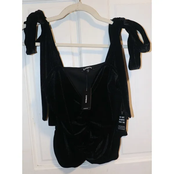 Express Black Velvet Tie Strap Ruched Tank - Image 4