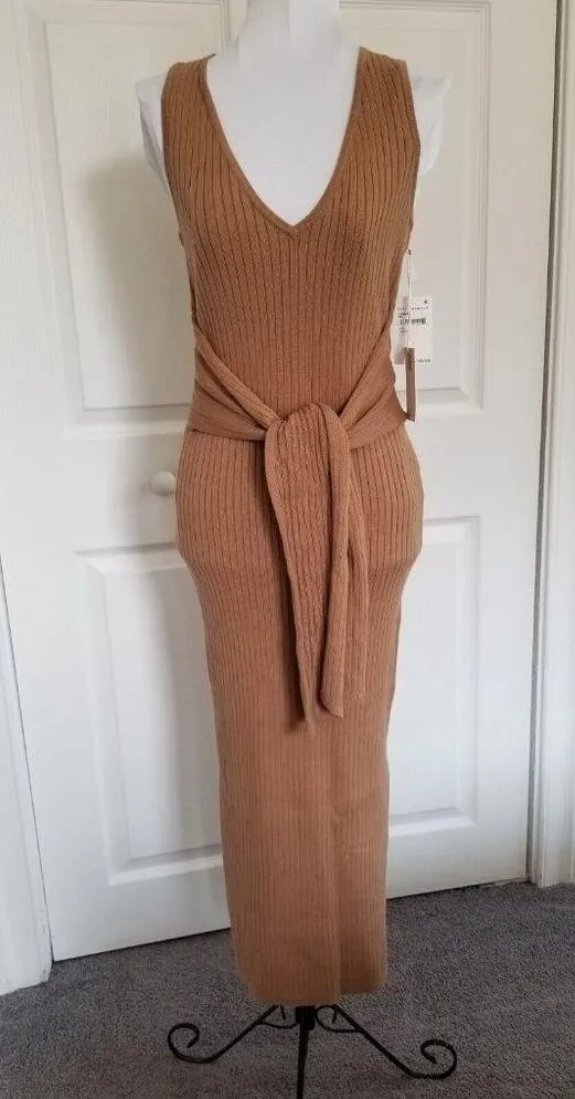 GOOD AMERICAN Sleeveless Rib Knit Tie Waist Midi Dress Taupe Tan Size 2 M - Image 4