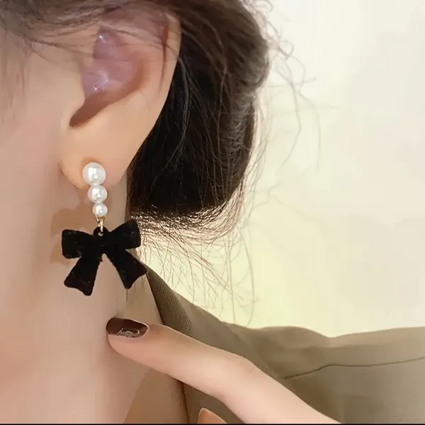 NEW Elegant Black Bow Dangle Earrings with Faux Pearl Accents, Trendy Earrings - Image 2