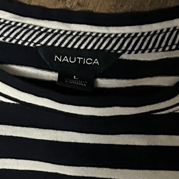 Nautica Shirt Womens Large Blue White Striped Nautical Tie‎ Sleeve 100% Cotton - Image 3