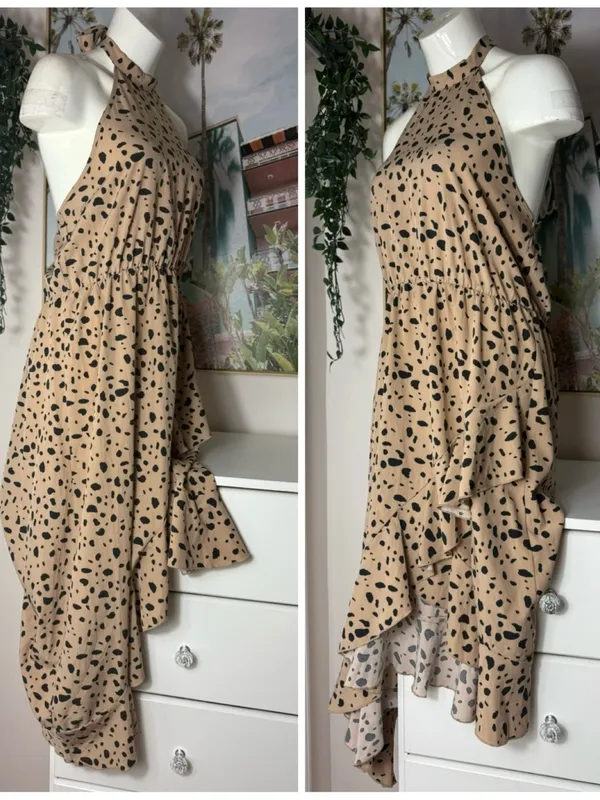 Shein Beige Black Cheetah Print Halter Ruffle Asymmetric Dress XL 12 Stretch - Image 6