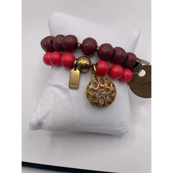 Coach Stella & Dot Bracelet Set Womens OS Red Burgundy Beaded Charm Boho Stack - Image 3