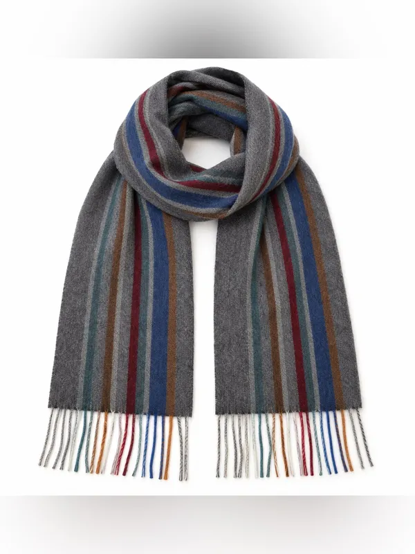 100% Wool Scarf Gray Multicolor Striped Fringe Soft Winter Unisex 61” - Image 2