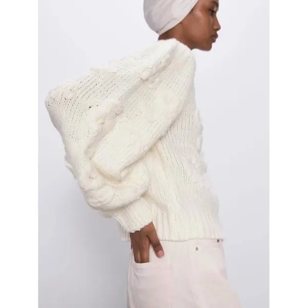 ZARA White Floral Embroidered Puff Sleeve Knit Sweater Blogger Favorite Small - Image 4