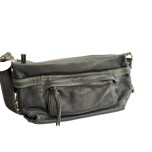Vintage Fossil Black Leather Multi-Pocket Shoulder Bag Y2K Satchel - Image 2