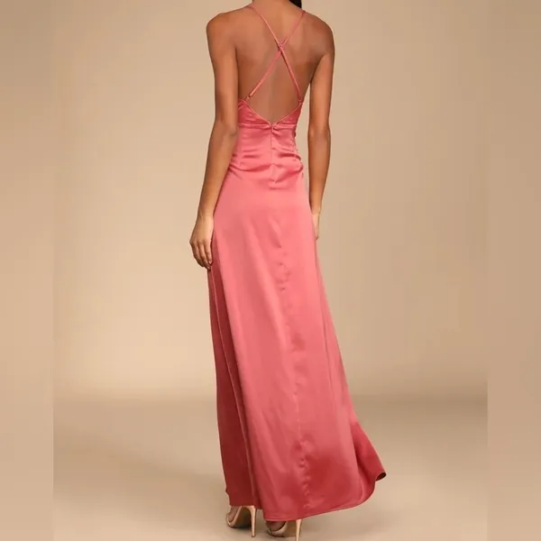 Lulu’s Outstanding Elegance Deep Rose Satin Surplice Maxi Dress Pink XL - Image 4