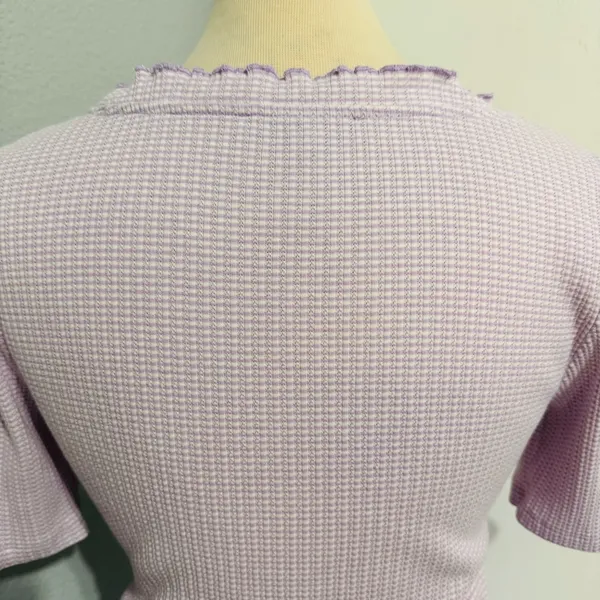 LOFT Women Lilac‎ Y2K Textured Waffle Scoopneck Pointelle Ruffle Henley Top Sz L - Image 7