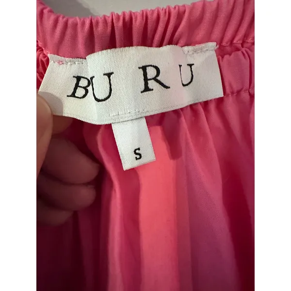 BURU Pink Cotton Puff Sleeve Tiered‎ Square Neck Midi Dress Size S Preppy - Image 4