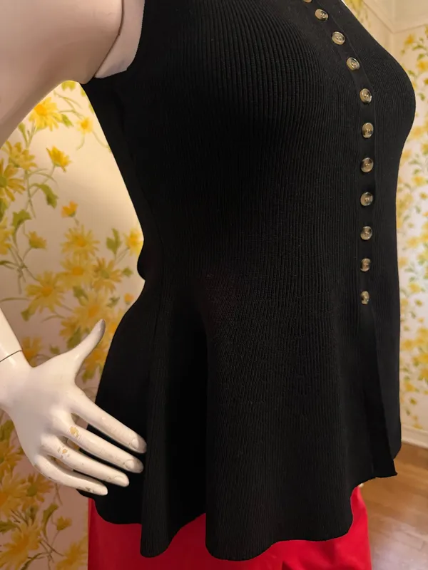 Sleeveless Peplum Top Black Sweater Button Detail size M - Image 3