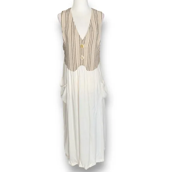 Vintage 90s Linen Rayon Colorblock Maxi Dress Boho Neutral Cottage Patch Pockets - Image 3