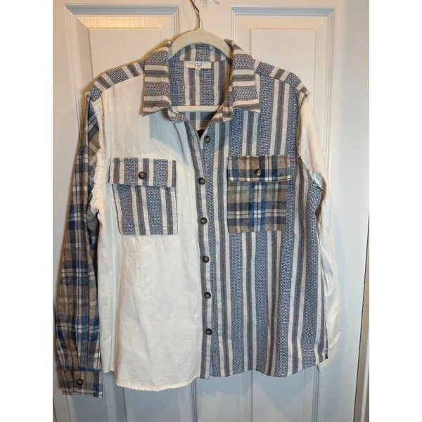 Easel Mixed Media Patchwork Plaid Striped Star Button Down Shirt Blue Size Small - Image 4