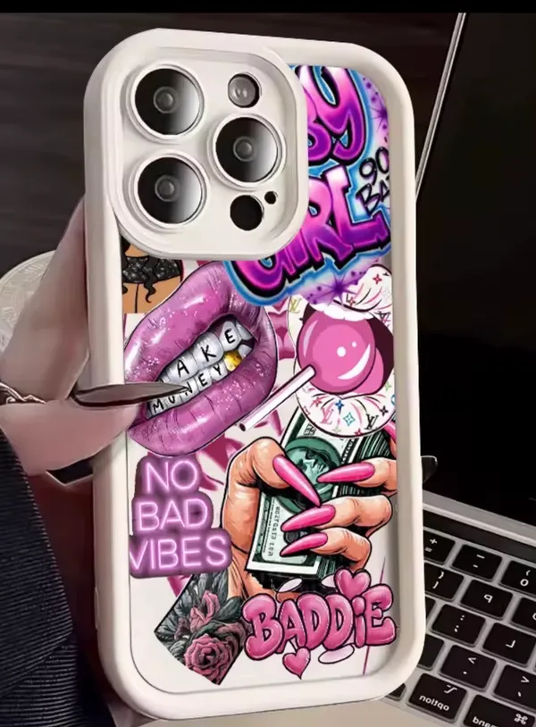 White & Pink “Baddie / No Bad Vibes” Graphic Phone Case – Fits Select iPhone Pro/Pro Max Models - Image 2