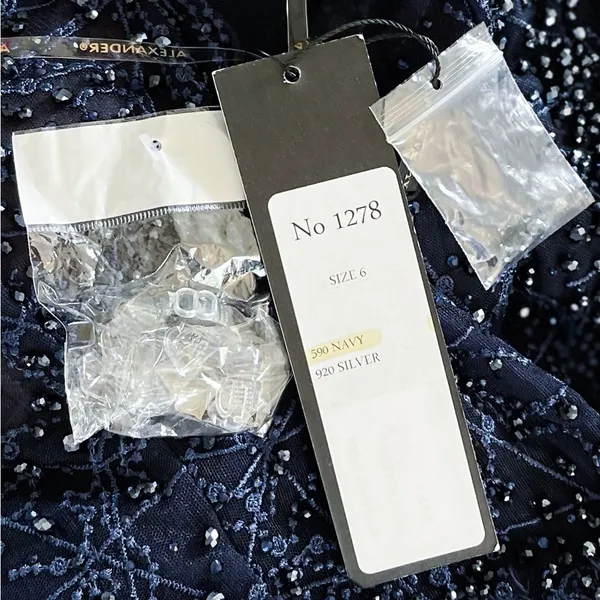 Alexander By‎ Daymor Beaded Gown Maxi Slit Dress Wedding Off-Shoulder Navy 6 NWT - Image 5