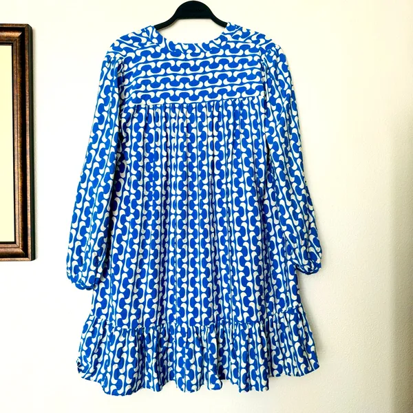 Zara Paula Blue/White Geometric Long Sleeve Mini Swing Dress Size Medium - Image 9