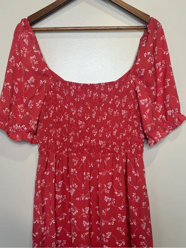 Abercrombie & Fitch Red Ditsy Smocked Floral Print Puff Sleeve Mini Dress - Image 10
