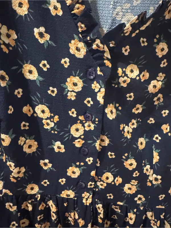 Crimson Floral Midi Dress Womens L Navy Blue Yellow Floral Ruffle Sleeve Boho - Image 5