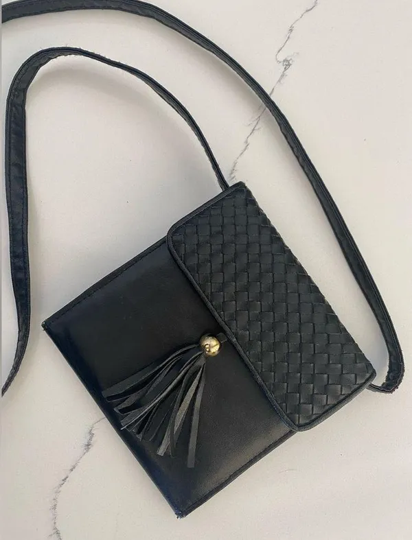 Vintage 80s-90s Faux Leather Black Small Crossbody Purse With Tassels - Image 2