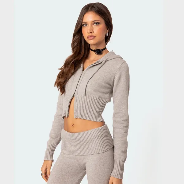 Edikted desiree knitted hooded cardigan, cropped in Gray Melange - Image 5
