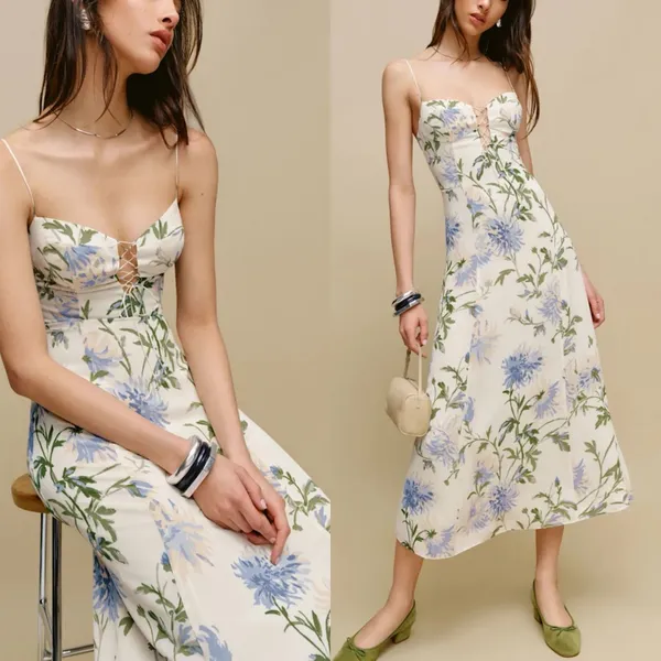 Reformation Emely Dress Midi Length Serenity Ivory Lilac Floral Lace Up French 8 - Image 5