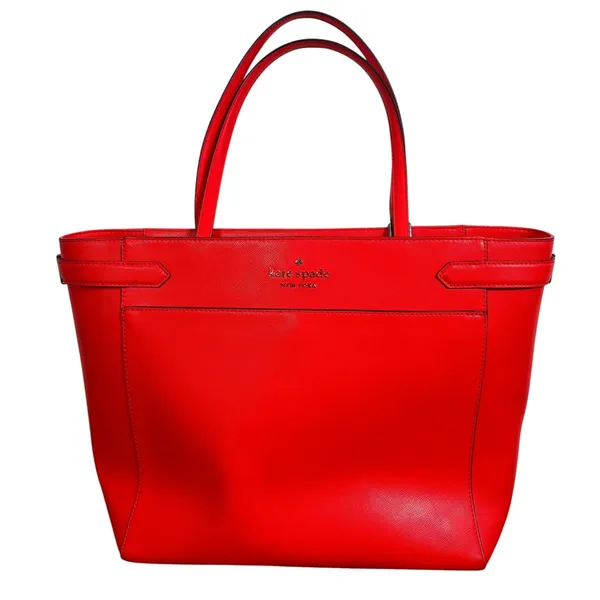 Kate Spade New York Red Orange Saffiano Leather Tote Bag Shoulder Purse Gold - Image 3