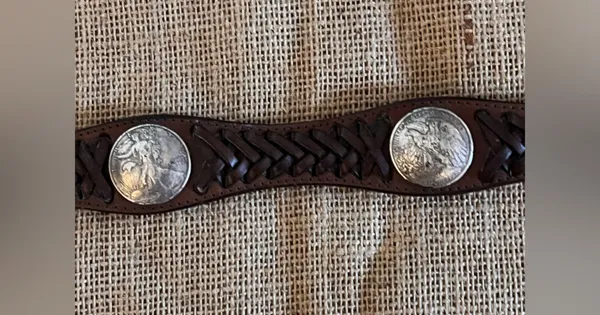 Justin Boots Brown Tooled Cowhide Leather Concho Coin Belt Silver Buckle western 32 in - Image 7