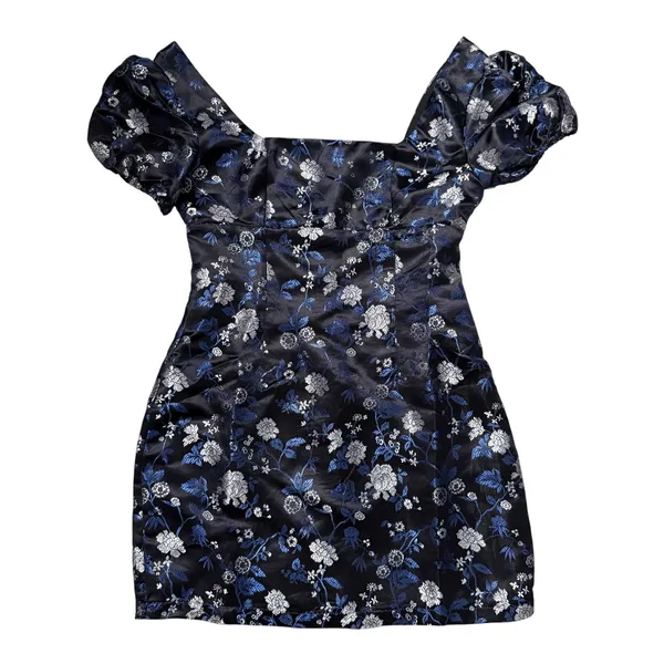 Lulus Dramatic Beauty Black Floral Jacquard Puff Sleeve Mini Dress, Size S - Image 3
