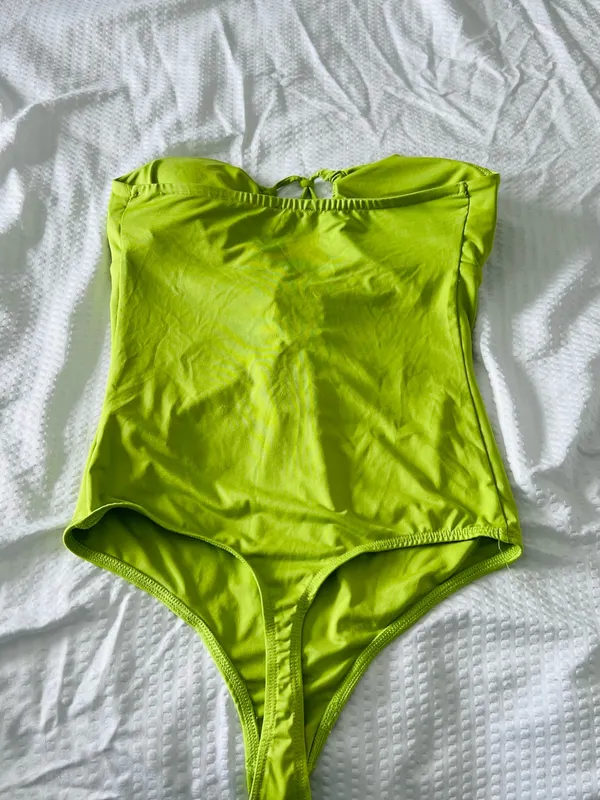 Y2K Lime Green Cutout Halter Bodysuit Ruched Small - Image 4
