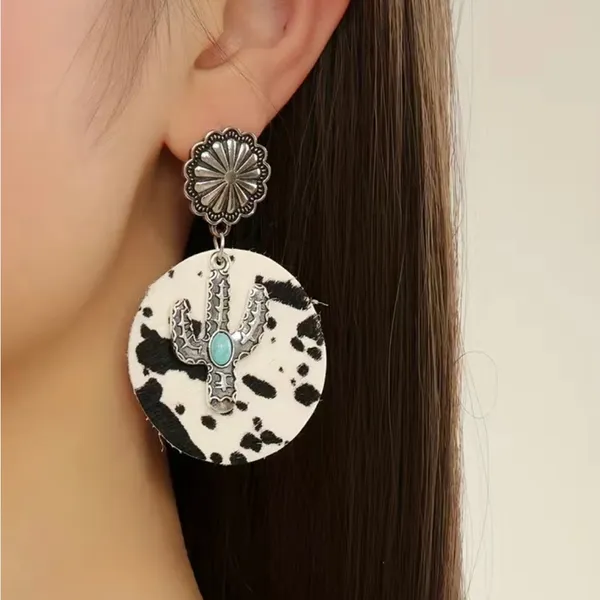Cow pattern cactus‎ with turquoise decor dangle ethnic style earrings Black - Image 2