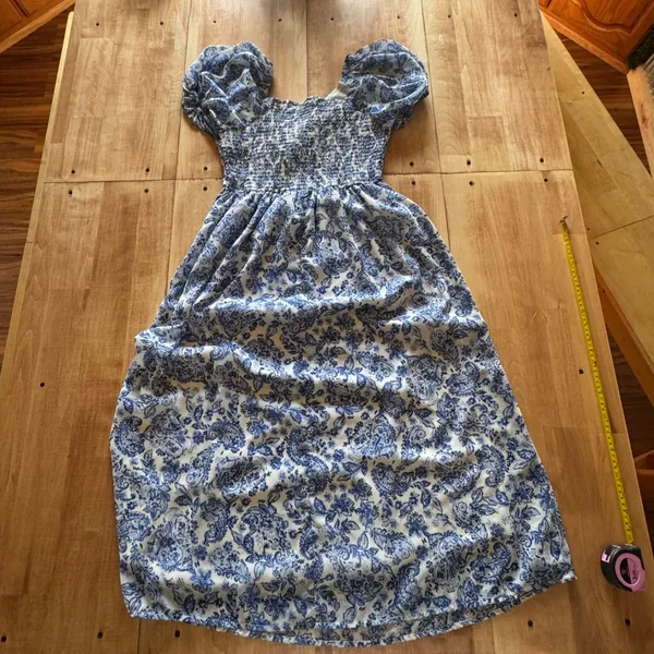 Sincerely‎ Jules Blue White Floral Paisley Puff Sleeve Smocked Midi Dress Large - Image 5