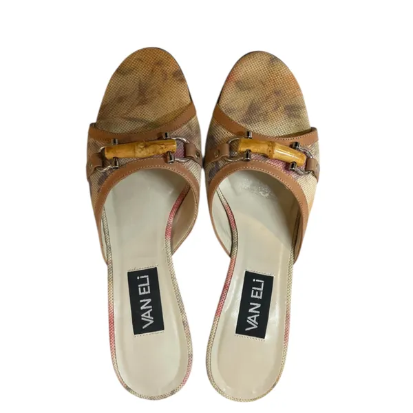 VANELI Tan/Beige Floral Canvas/Leather Slides Mules Heels Shoes - Size 8.5 Slim - Image 8