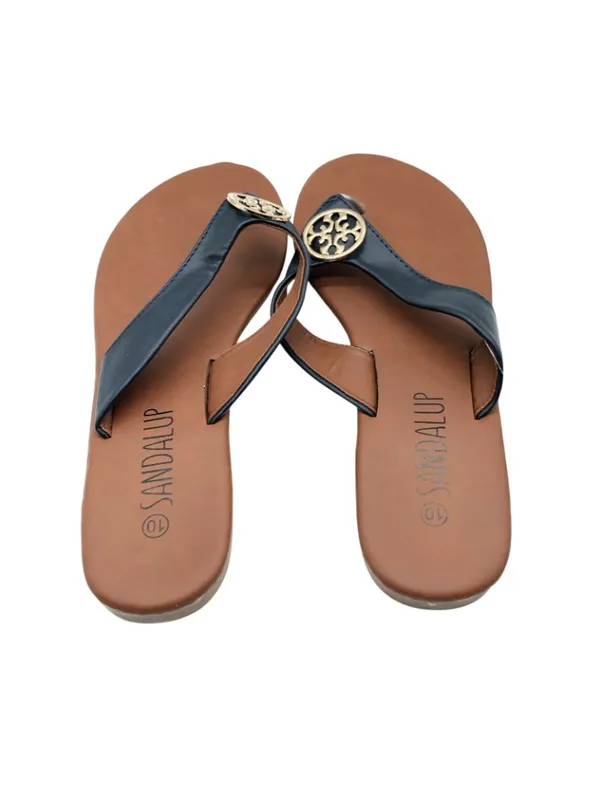SandalUp Womens Sandals Faux Leather Thong Slides Flip Flops Black Size 10 - Image 3