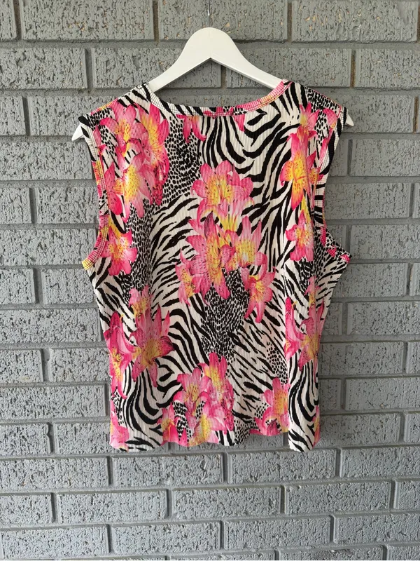 Vtg 90s Sleeveless Floral Zebra Print Tank Top Size XL Slinky Going Out Top - Image 3