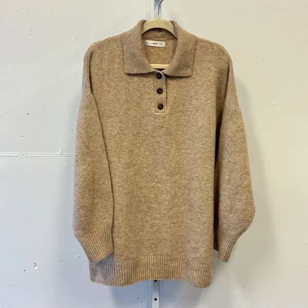 Mango MNG Women's Oversized Knit Polo Sweater Tan Marl Button Neck Large‎ - Image 2