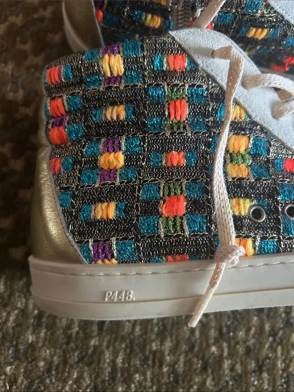 P448 Women’s White High-Top Leather Sneakers with Multicolor Woven Panels - Image 4