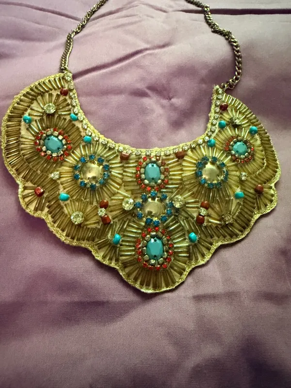 Boho Statement Necklace with Turquoise & Red Accents Gold - Image 3