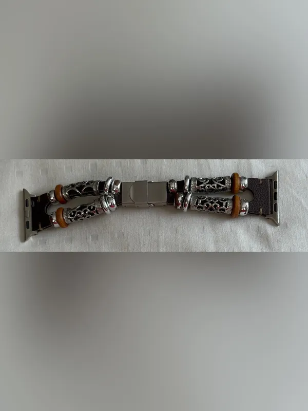 Stainless Steel Brown Leather and Silver Beaded Apple Watch Band Strap - Image 3