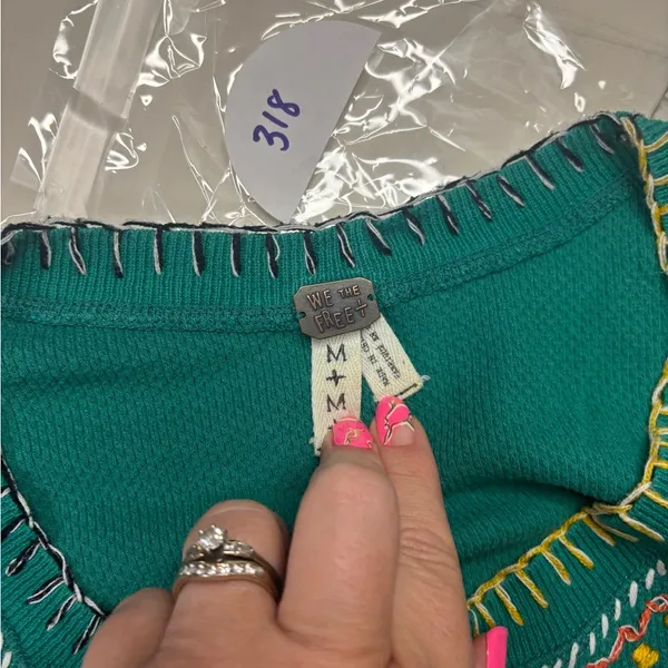 We The Free Free People Embroidered Waffle Knit Teal Boho Long Sleeve Womens Size Medium - Image 5