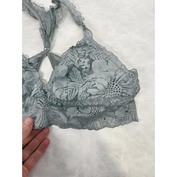 Aerie Grey Floral Lace Bralette‎ Racerback Strappy Lined Bra Size Medium - Image 2