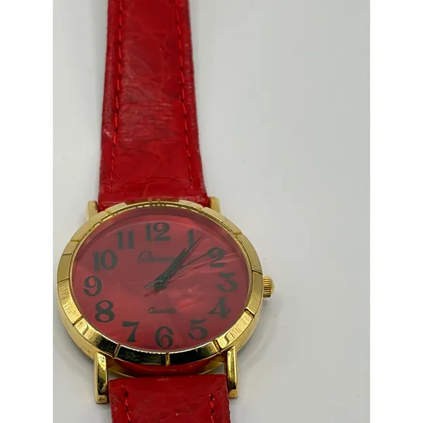Parmeni Quartz Gold‎ Tone Red Dial Leather Band Women's Watch - Image 2