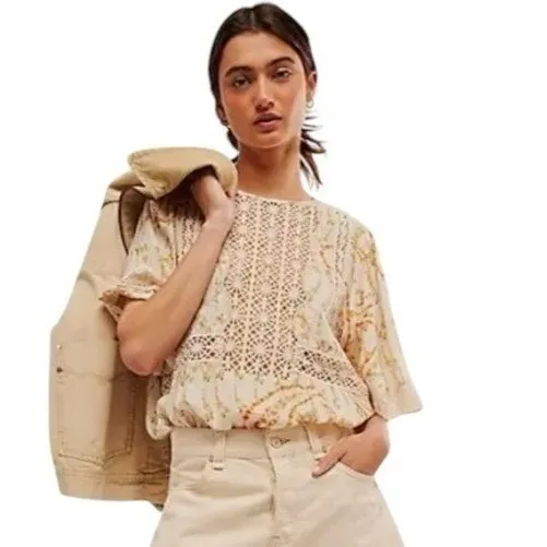 Free People Bali Tate Blousy Bodysuit Floral Top Tapioca Boho‎ Crochet XS - Image 2