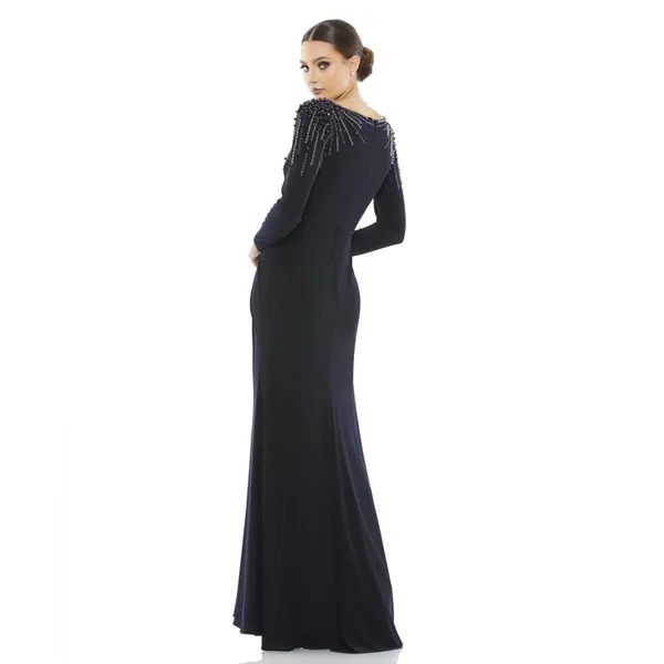 Leena Mac Duggal Long Sleeve Jersey Wrap Gown‎ Dress Embellished V Neck Midnight - Image 3