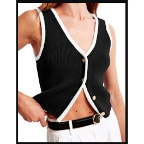 Abercrombie & Fitch Black Contrast Trim Knit Vest Gold Buttons S - Image 2