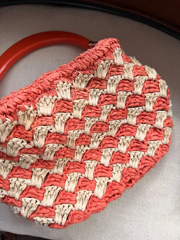 Cute Mini Straw Raffia Crochet Handbag Peach White Coral Purse Beach Boho Bag - Image 3