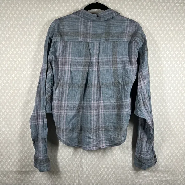 Free People Women Top Sz XS Blue Cutie Plaid‎ Button Down Oversized Bohemian - Image 4