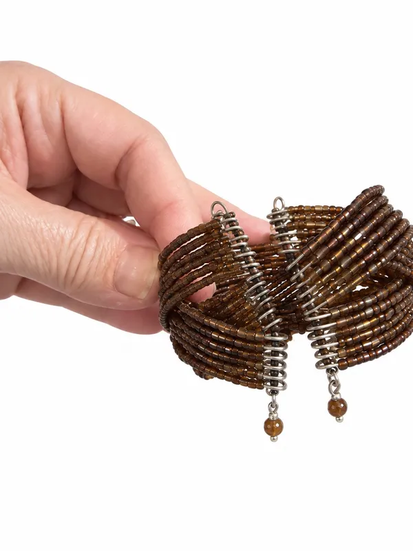 Vintage Style Cuff Bracelet Glass Seed Bead Braded Amber Earthtones Bohemian - Image 2