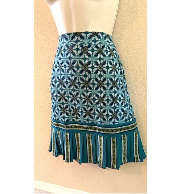 Max Studio Teal Patterned A-Line Skirt with Striped Ruffle Hem  - Image 2