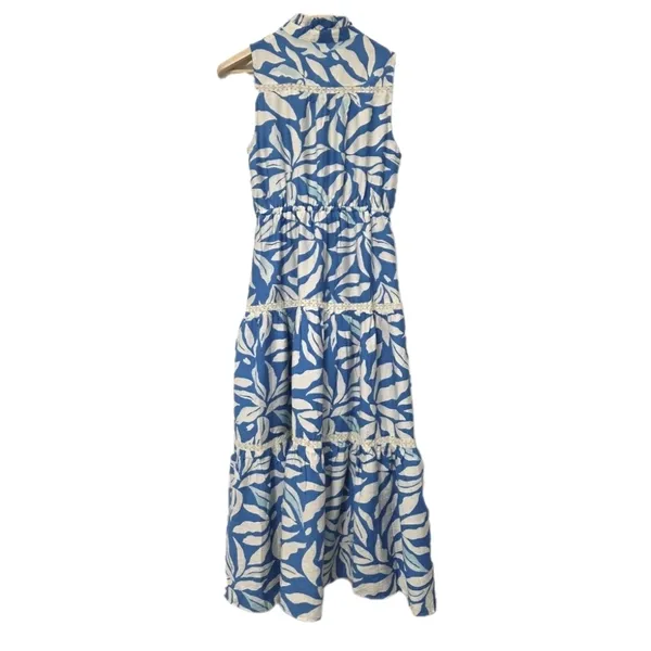 Womens Floral Print Maxi Dress Blue White Long Dress Size Small Tropical Travel - Image 3