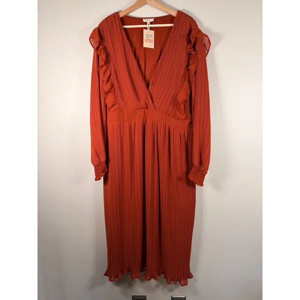 Girl Soul Rust‎ Orange Pleated Ruffle V Neck Long Sleeve Maxi Dress Plus Size 3X - Image 6